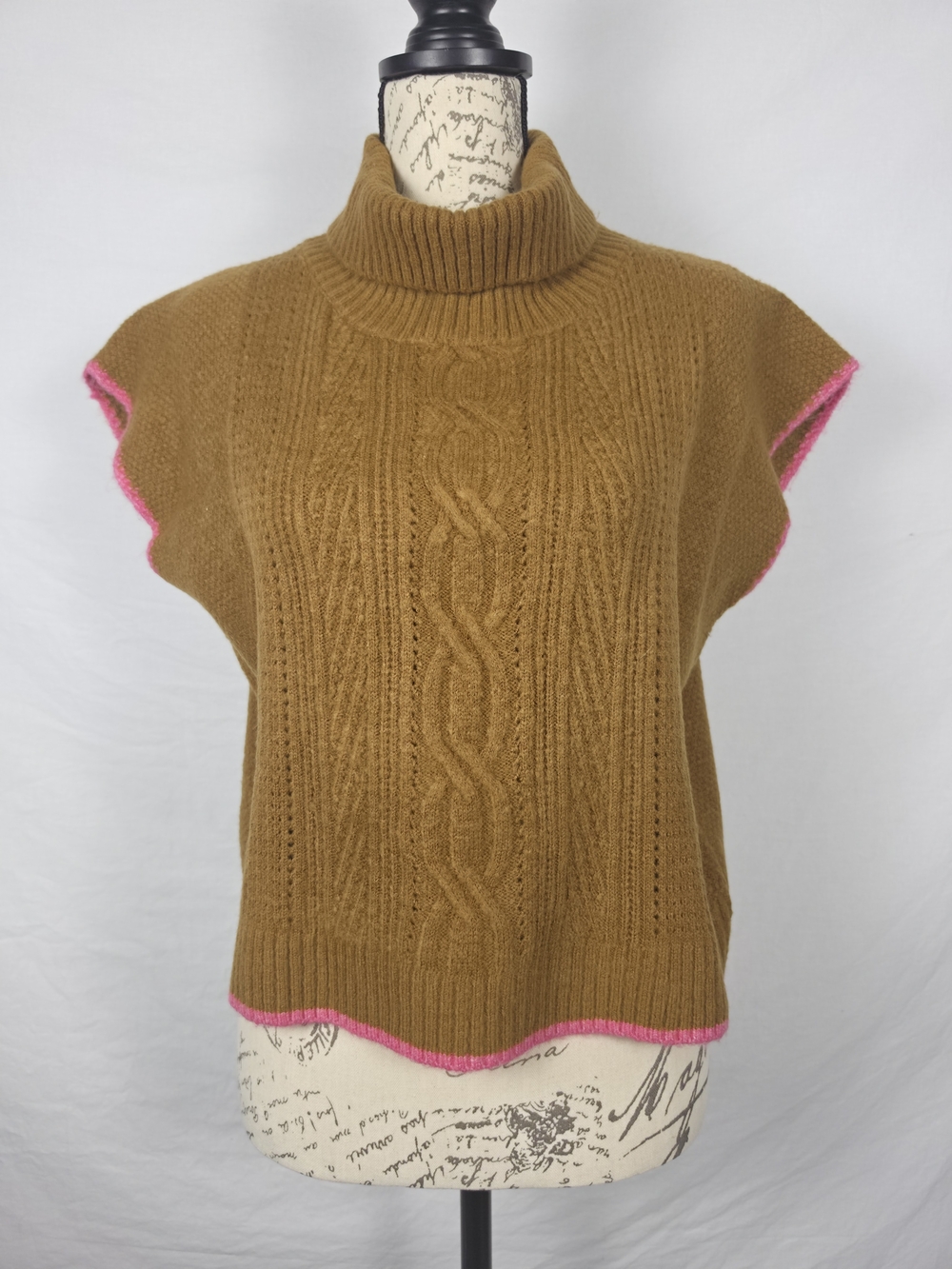 NWT THML Camel Cable Knit Turtleneck Poncho Sweater Vest with Pink Trim - Medium